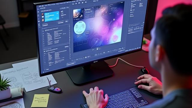 Person arbeitet an einem Figma-Prototyp auf einem Bildschirm, umgeben von Notizen und Skizzen.