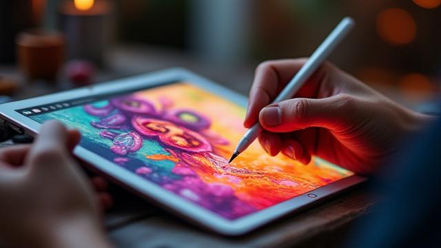 Künstlerhand mit Apple Pencil, die auf einem iPad in Procreate eine digitale Illustration erstellt, bunte Pinselstriche auf dem Bildschirm.